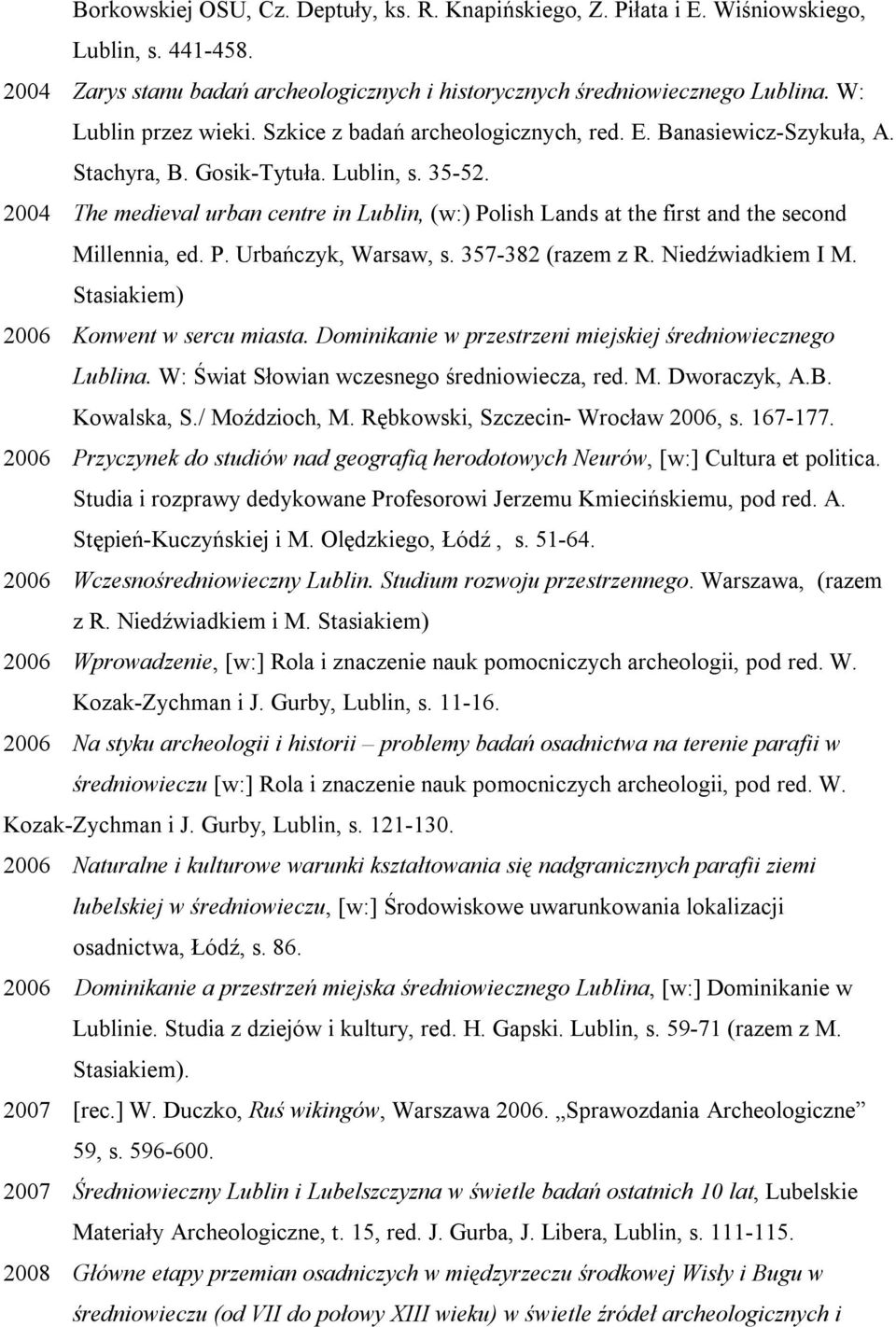 2004 The medieval urban centre in Lublin, (w:) Polish Lands at the first and the second Millennia, ed. P. Urbańczyk, Warsaw, s. 357-382 (razem z R. Niedźwiadkiem I M.