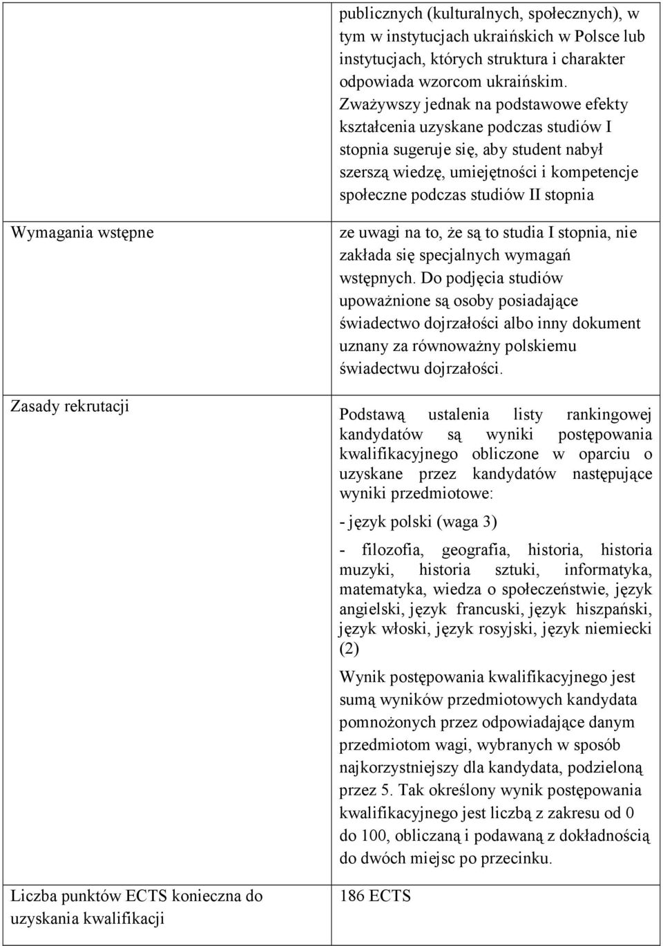 Wymagania wstępne Zasady rekrutacji Liczba punktów ECTS konieczna do uzyskania kwalifikacji ze uwagi na to, że są to studia I stopnia, nie zakłada się specjalnych wymagań wstępnych.
