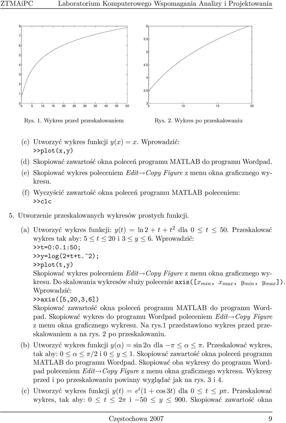 (f) Wyczyścić zawartość okna poleceń programu MATLAB poleceniem: >>clc 5. Utworzenie przeskalowanych wykresów prostych funkcji. (a) Utworzyć wykres funkcji:y(t) = ln 2 +t+t 2 dla 0 t 50.