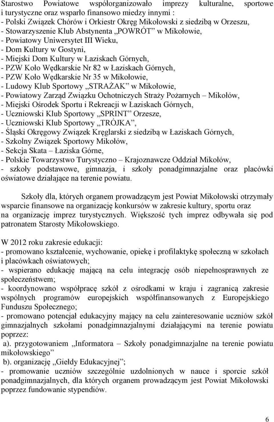 Wędkarskie Nr 35 w Mikołowie, - Ludowy Klub Sportowy STRAŻAK w Mikołowie, - Powiatowy Zarząd Związku Ochotniczych Straży Pożarnych Mikołów, - Miejski Ośrodek Sportu i Rekreacji w Łaziskach Górnych, -
