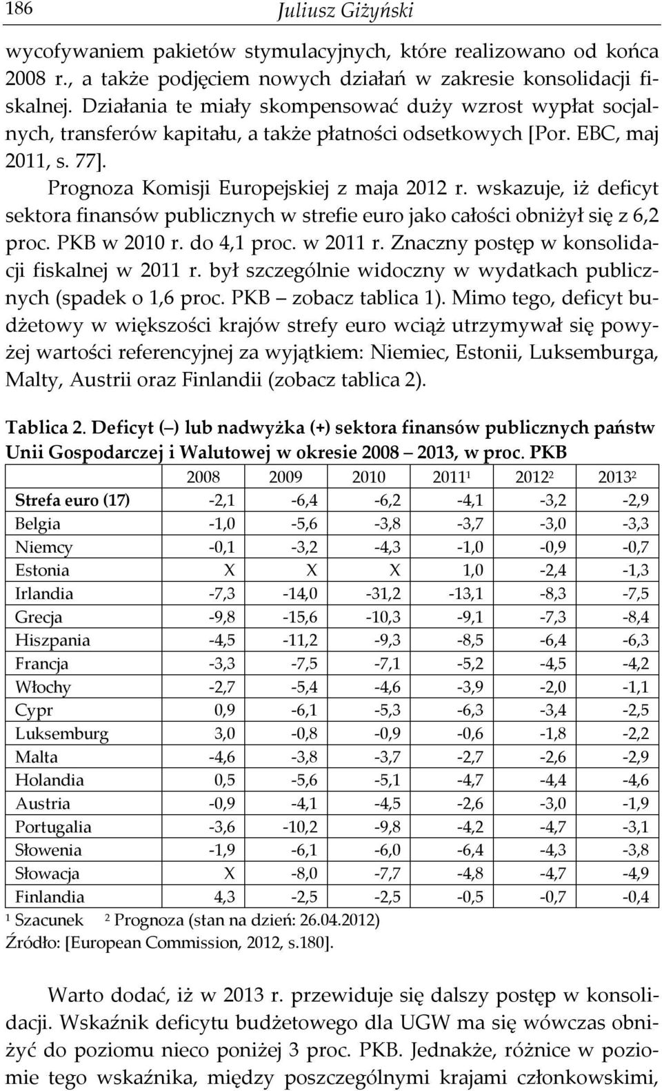 wskazuje, iż deficyt sektora finansów publicznych w strefie euro jako całości obniżył się z 6,2 proc. PKB w 2010 r. do 4,1 proc. w 2011 r. Znaczny postęp w konsolidacji fiskalnej w 2011 r.