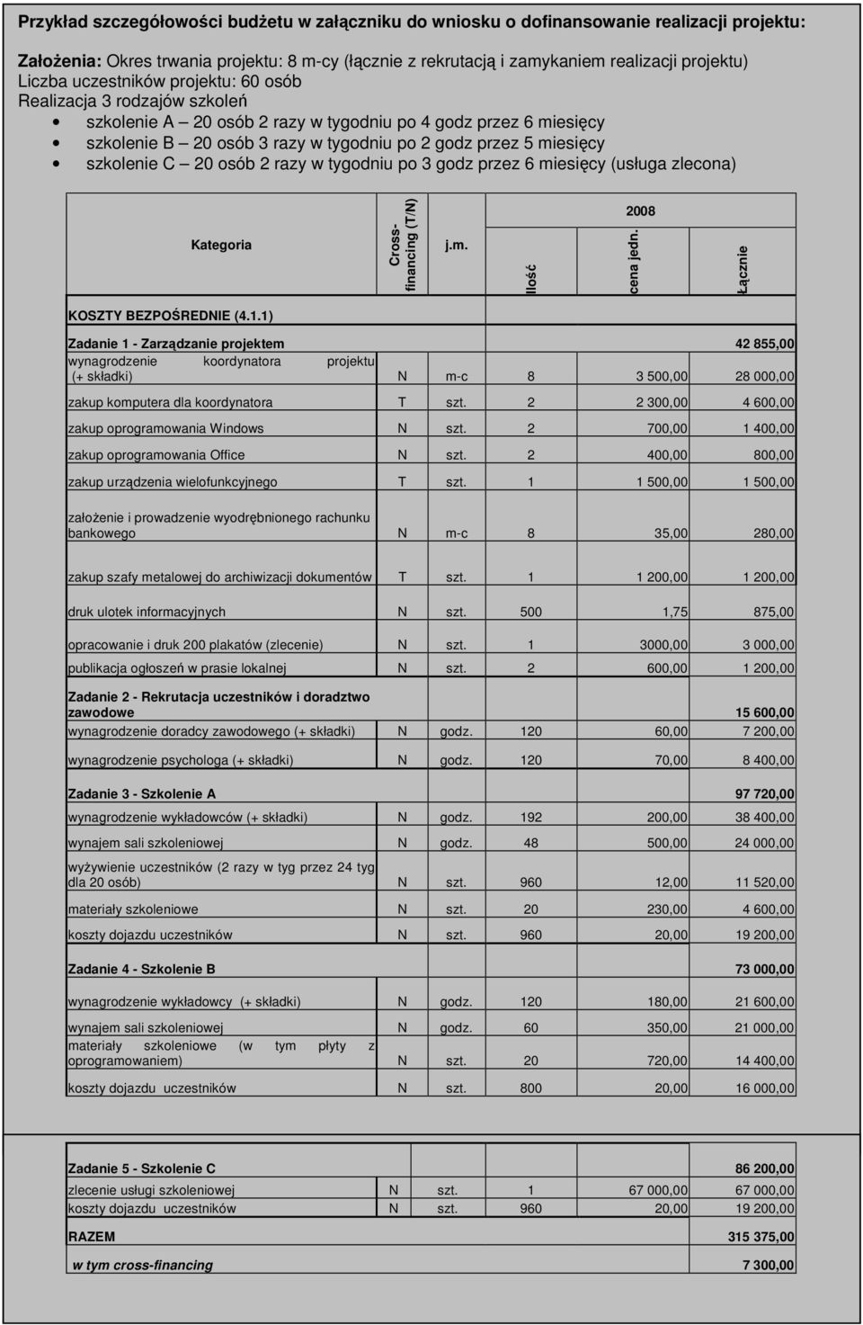 C 20 osób 2 razy w tygodniu po 3 godz przez 6 miesięcy (usługa zlecona) Kategoria Crossfinancing (T/N) j.m. Ilość 2008 cena jedn. Łącznie KOSZTY BEZPOŚREDNIE (4.1.