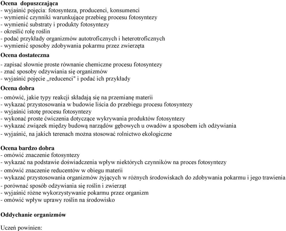 odżywiania się organizmów - wyjaśnić pojęcie reducenci" i podać ich przykłady - omówić, jakie typy reakcji składają się na przemianę materii - wykazać przystosowania w budowie liścia do przebiegu