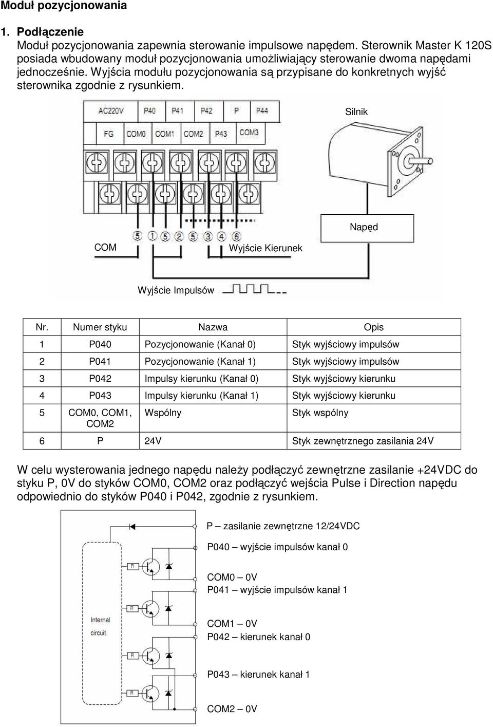 Wyjścia modułu pozycjonowania są przypisane do konkretnych wyjść sterownika zgodnie z rysunkiem. Silnik Napęd COM Wyjście Kierunek Wyjście Impulsów Nr.