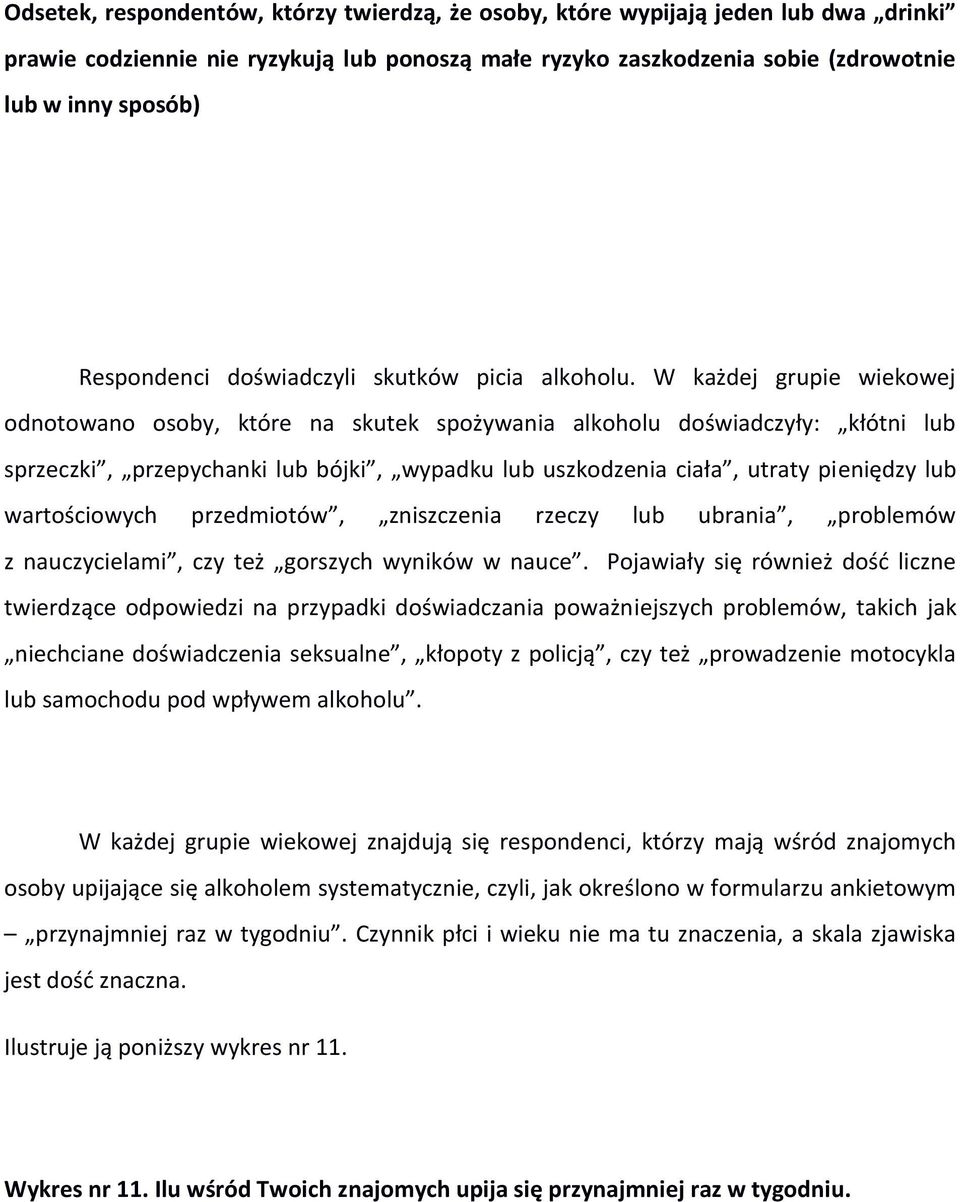 W każdej grupie wiekowej odnotowano osoby, które na skutek spożywania alkoholu doświadczyły: kłótni lub sprzeczki, przepychanki lub bójki, wypadku lub uszkodzenia ciała, utraty pieniędzy lub