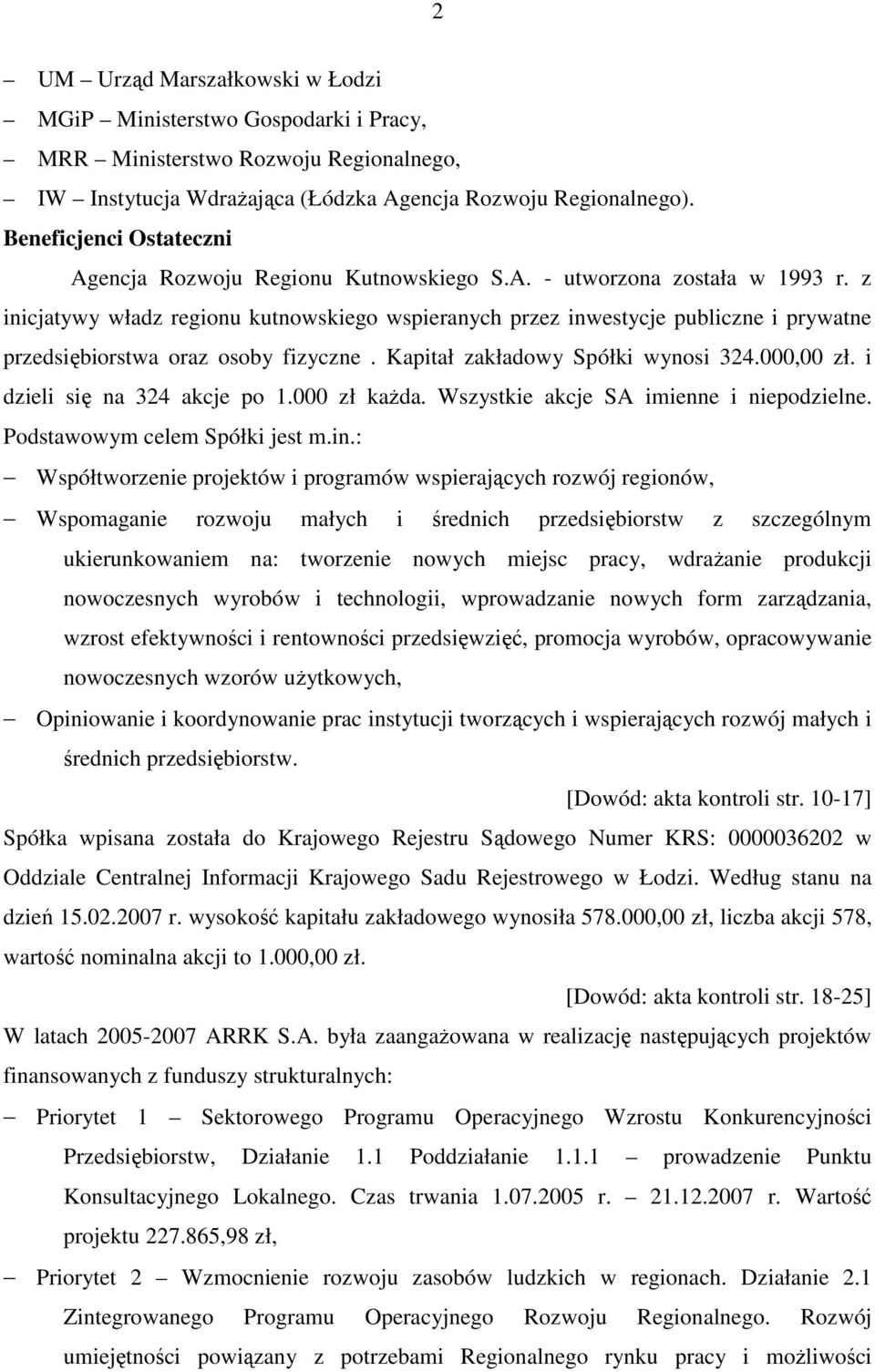 z inicjatywy władz regionu kutnowskiego wspieranych przez inwestycje publiczne i prywatne przedsiębiorstwa oraz osoby fizyczne. Kapitał zakładowy Spółki wynosi 324.000,00 zł.