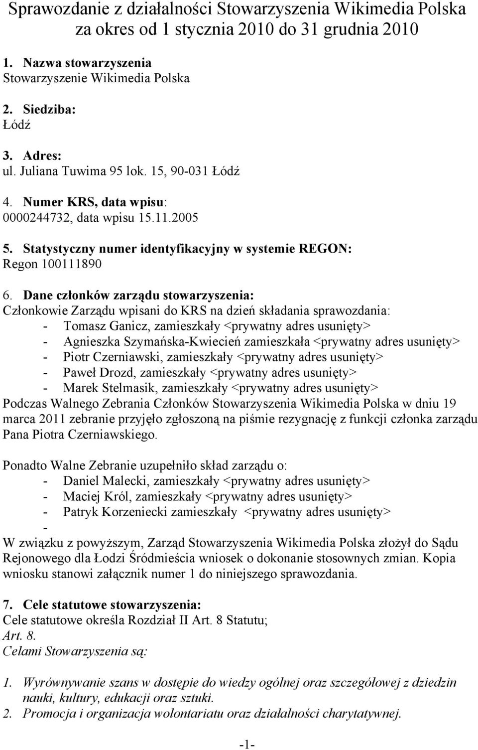 Dane członków zarządu stowarzyszenia: Członkowie Zarządu wpisani do KRS na dzień składania sprawozdania: - Tomasz Ganicz, zamieszkały <prywatny adres usunięty> - Agnieszka Szymańska-Kwiecień