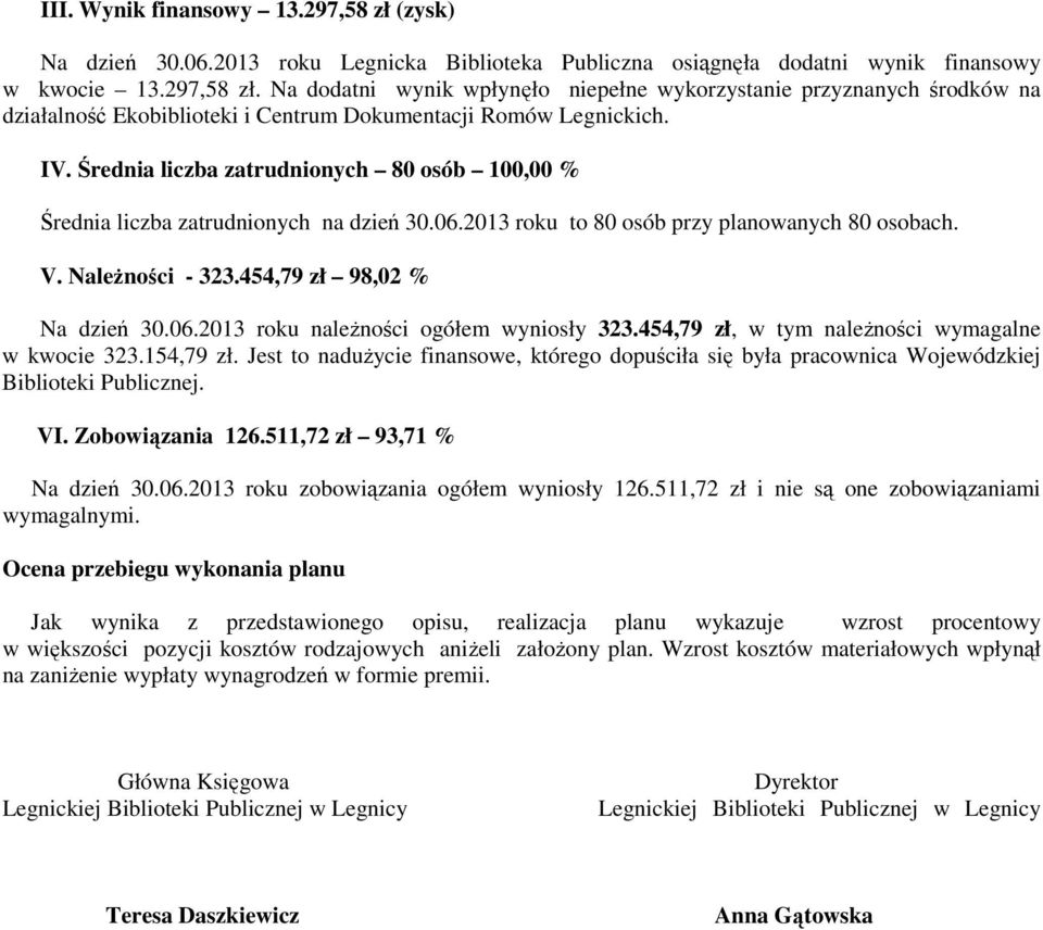 454,79 zł, w tym należności wymagalne w kwocie 323.154,79 zł. Jest to nadużycie finansowe, którego dopuściła się była pracownica Wojewódzkiej Biblioteki Publicznej. VI. Zobowiązania 126.