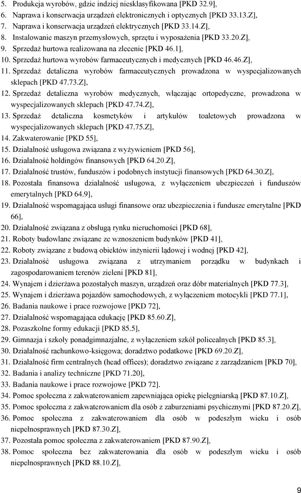 Sprzedaż hurtowa wyrobów farmaceutycznych i medycznych [PKD 46.46.Z], 11. Sprzedaż detaliczna wyrobów farmaceutycznych prowadzona w wyspecjalizowanych sklepach [PKD 47.73.Z], 12.