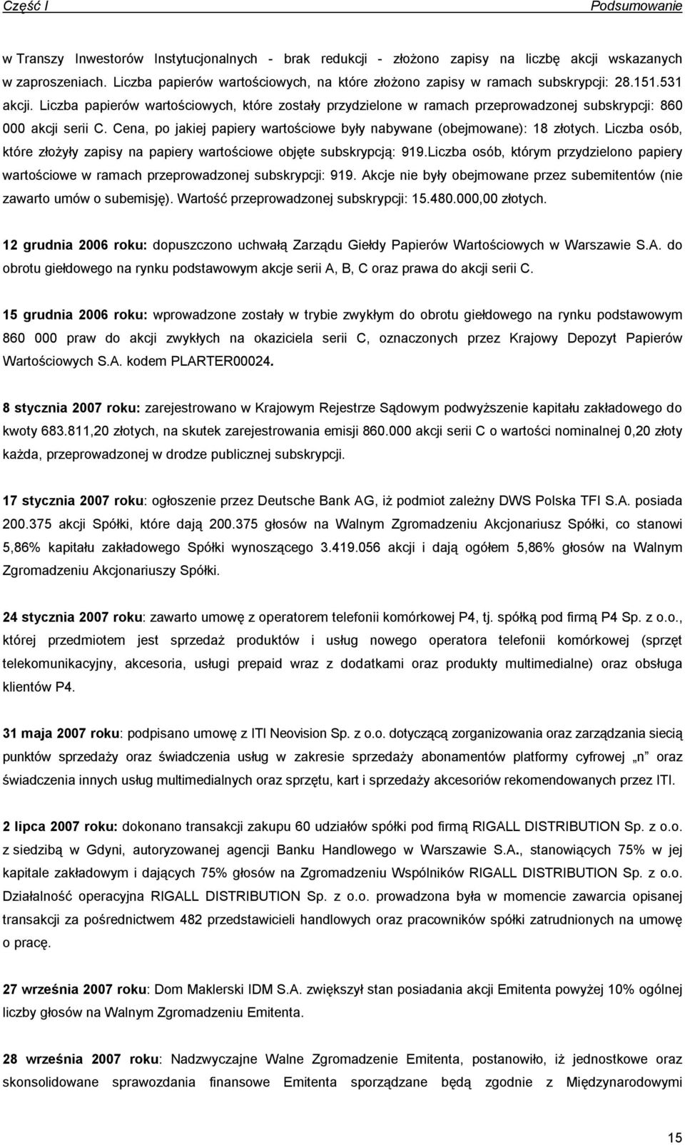 Liczba papierów wartościowych, które zostały przydzielone w ramach przeprowadzonej subskrypcji: 860 000 akcji serii C. Cena, po jakiej papiery wartościowe były nabywane (obejmowane): 18 złotych.