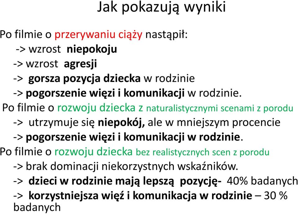 Po filmie o rozwoju dziecka z naturalistycznymi scenami z porodu -> utrzymuje się niepokój, ale w mniejszym procencie ->  Po filmie o rozwoju