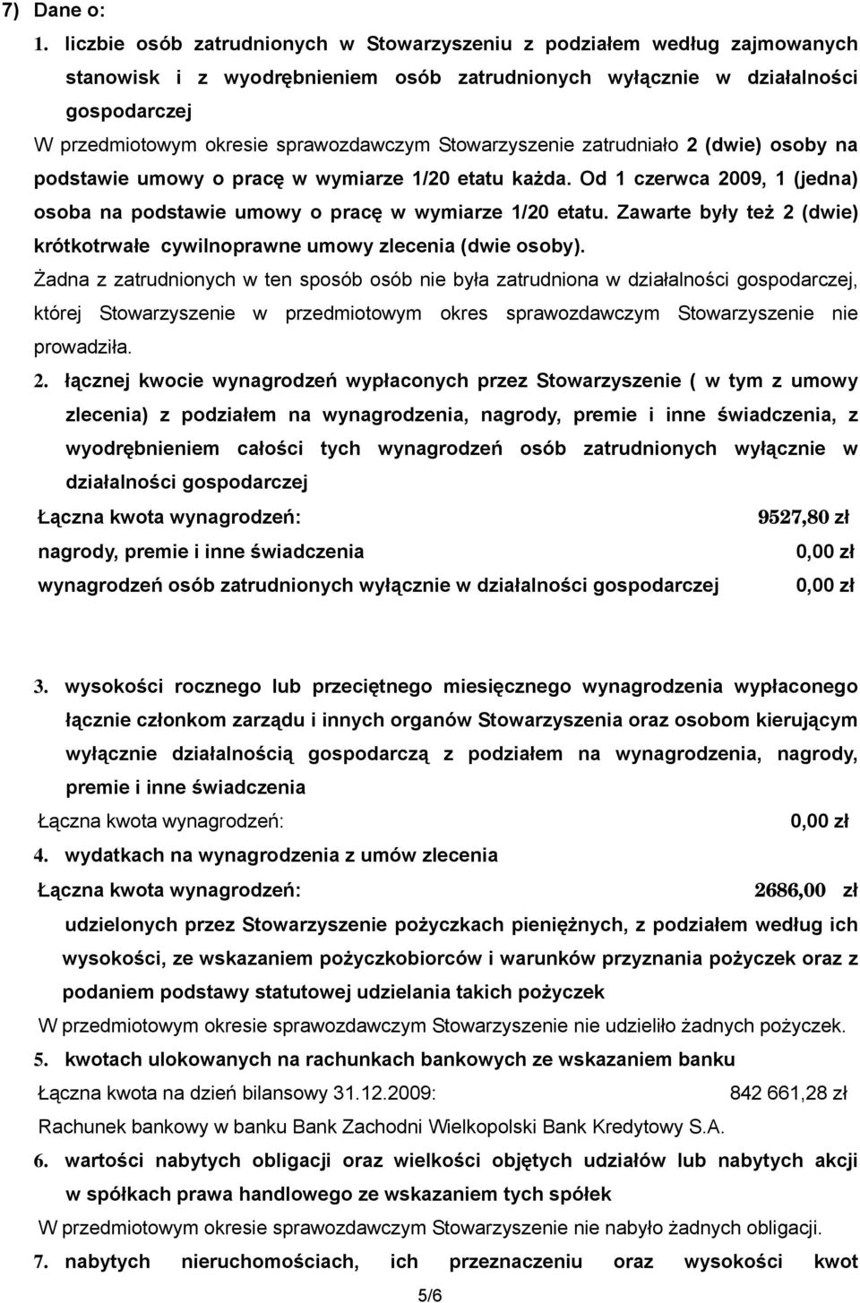 Stowarzyszenie zatrudniało 2 (dwie) osoby na podstawie umowy o pracę w wymiarze 1/20 etatu każda. Od 1 czerwca 2009, 1 (jedna) osoba na podstawie umowy o pracę w wymiarze 1/20 etatu.