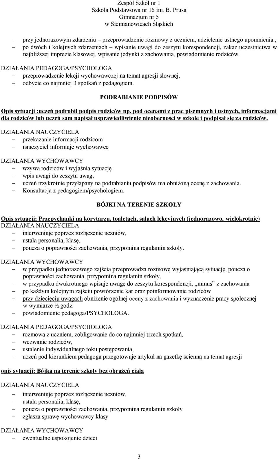 przeprowadzenie lekcji wychowawczej na temat agresji słownej, odbycie co najmniej 3 spotkań z pedagogiem. PODRABIANIE PODPISÓW Opis sytuacji :uczeń podrobił podpis rodziców np.