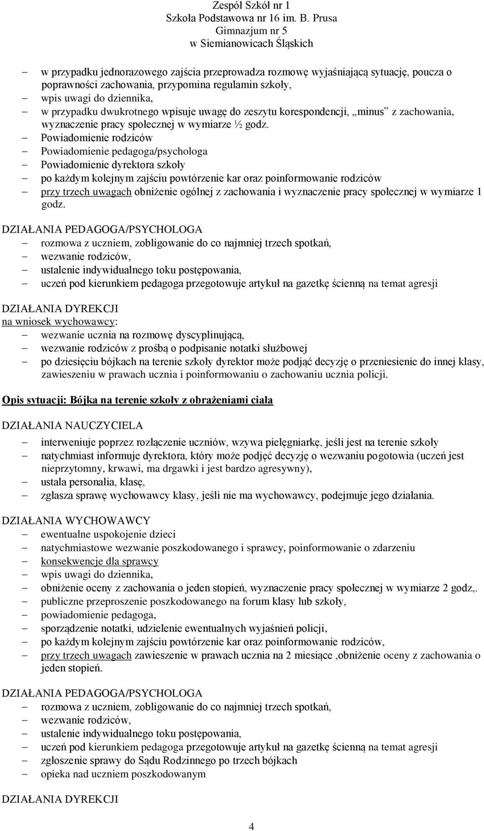 Powiadomienie rodziców Powiadomienie pedagoga/psychologa Powiadomienie dyrektora szkoły po każdym kolejnym zajściu powtórzenie kar oraz poinformowanie rodziców przy trzech uwagach obniżenie ogólnej z