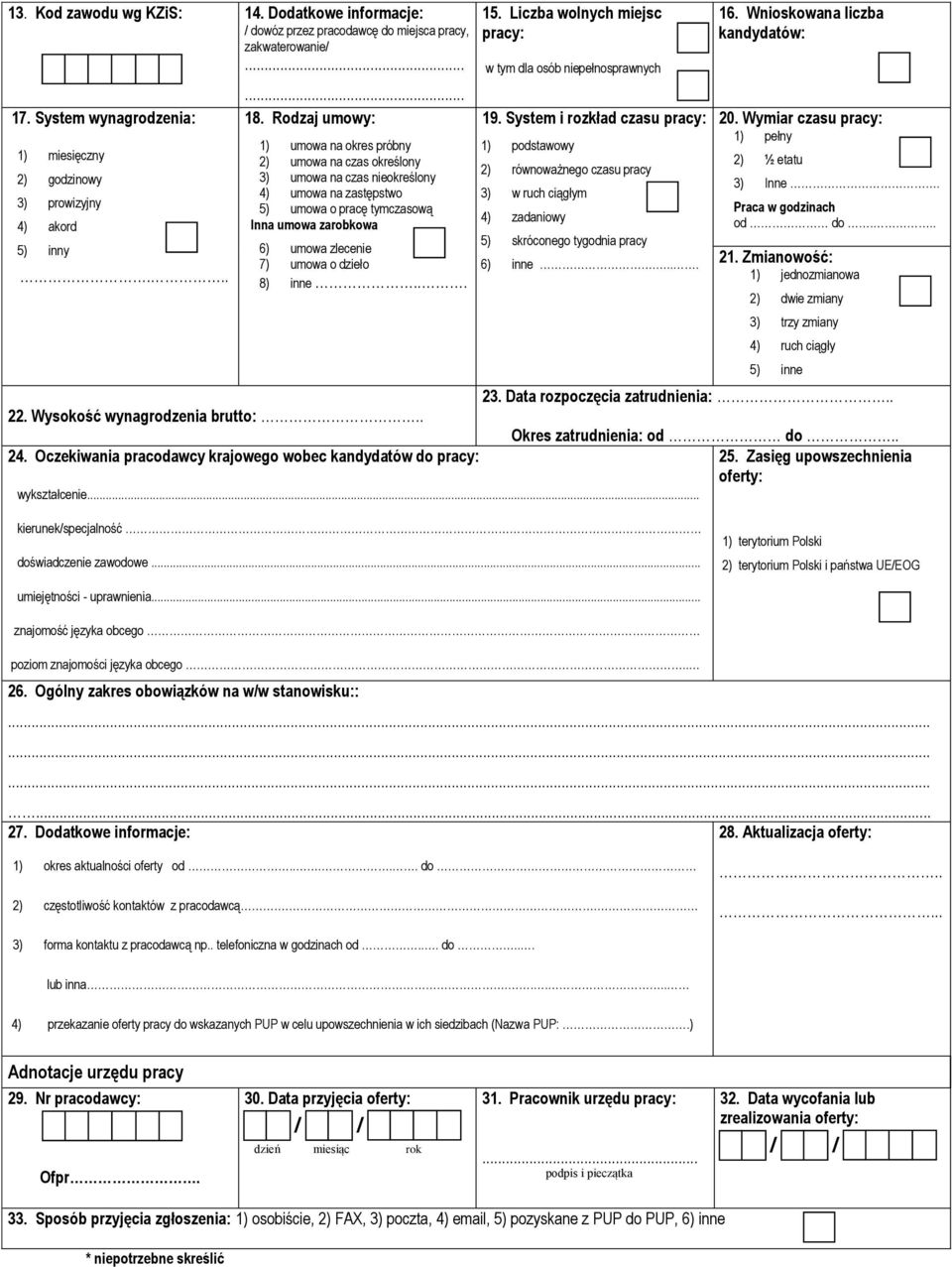 dzieło 8) inne... 15. Liczba wolnych miejsc pracy: w tym dla osób niepełnosprawnych 19.