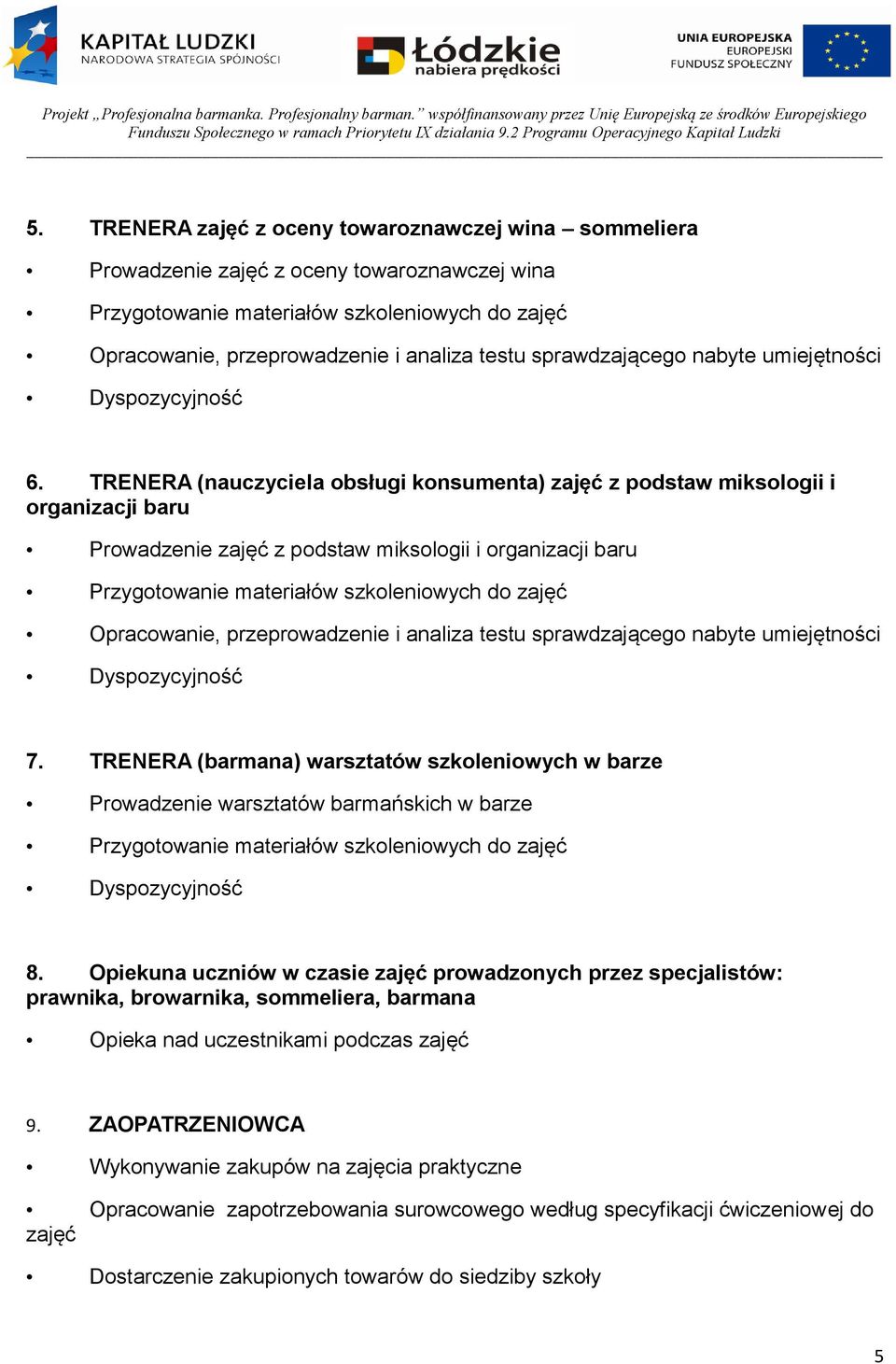 TRENERA (barmana) warsztatów szkoleniowych w barze Prowadzenie warsztatów barmańskich w barze 8.