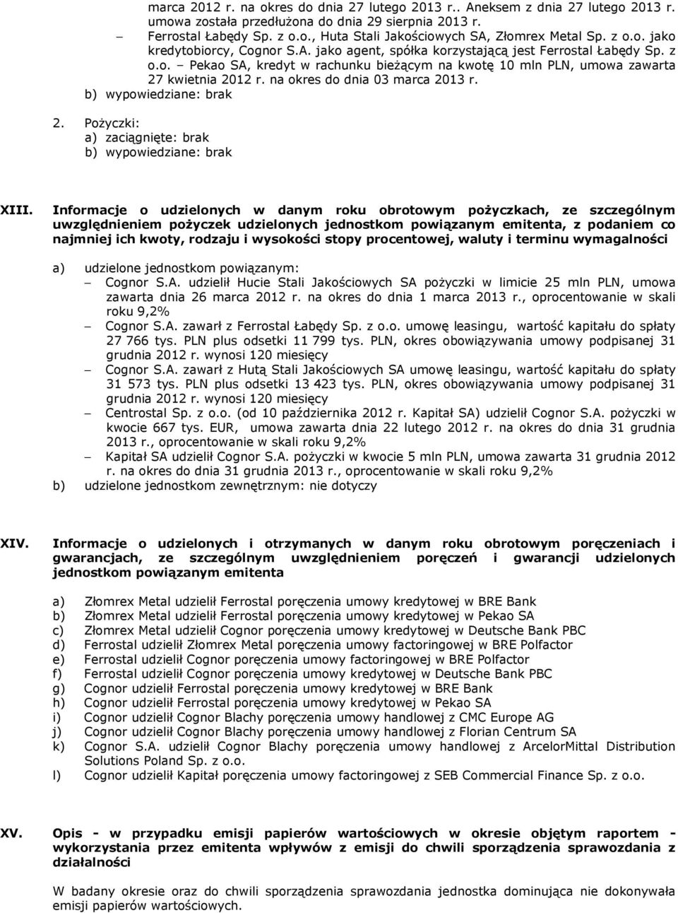 na okres do dnia 03 marca 2013 r. b) wypowiedziane: brak 2. PoŜyczki: a) zaciągnięte: brak b) wypowiedziane: brak XIII.