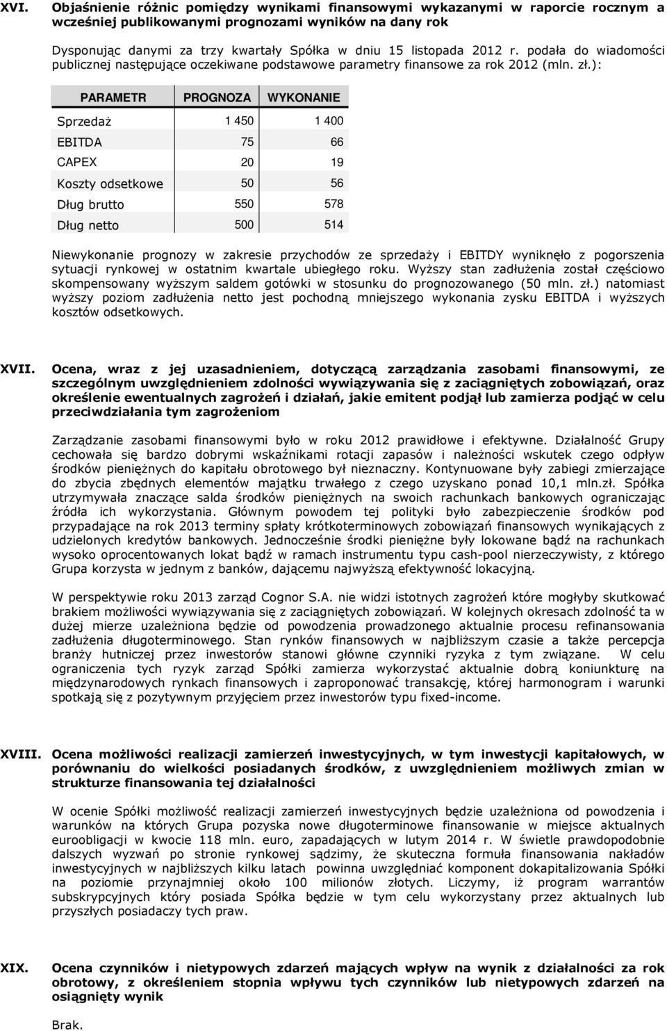 ): PARAMETR PROGNOZA WYKONANIE SprzedaŜ 1 450 1 400 EBITDA 75 66 CAPEX 20 19 Koszty odsetkowe 50 56 Dług brutto 550 578 Dług netto 500 514 Niewykonanie prognozy w zakresie przychodów ze sprzedaŝy i