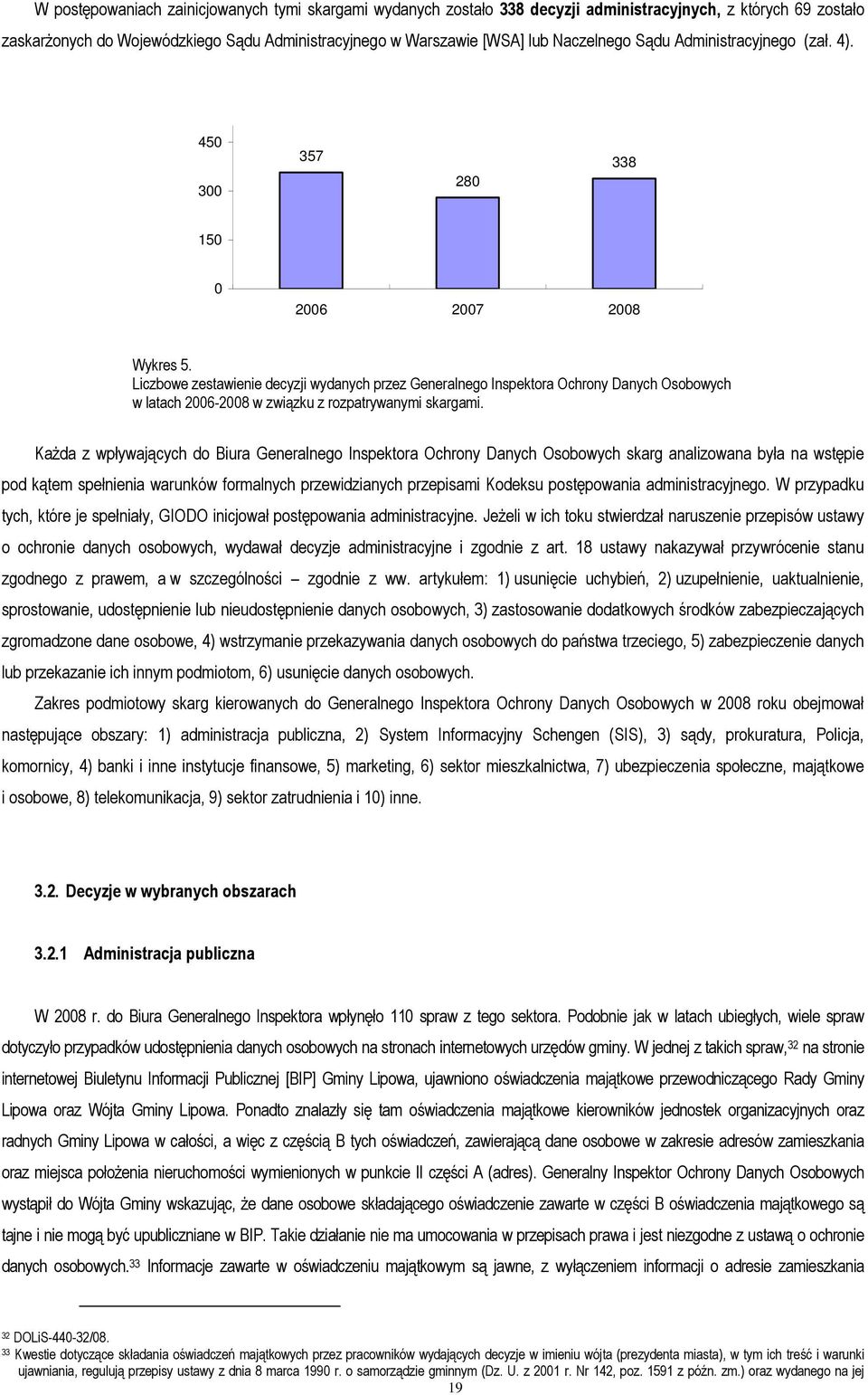 Liczbowe zestawienie decyzji wydanych przez Generalnego Inspektora Ochrony Danych Osobowych w latach 2006-2008 w związku z rozpatrywanymi skargami.