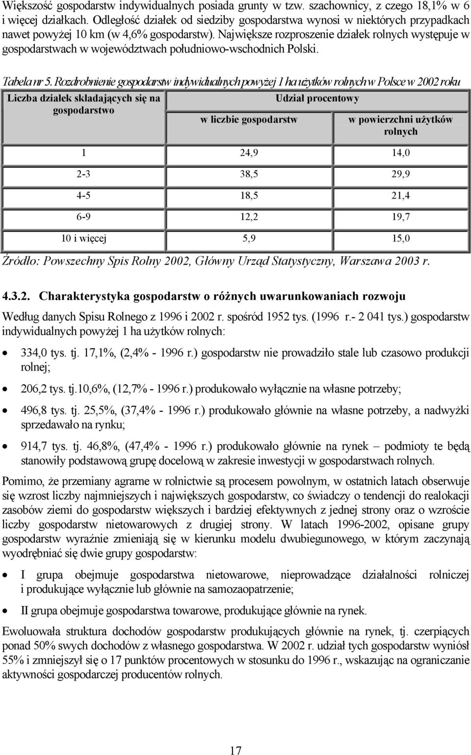 Największe rozproszenie działek rolnych występuje w gospodarstwach w województwach południowo-wschodnich Polski. Tabela nr 5.