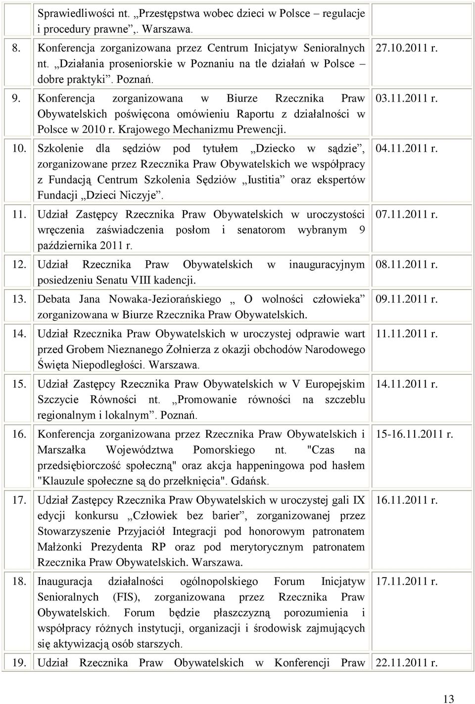 Konferencja zorganizowana w Biurze Rzecznika Praw Obywatelskich poświęcona omówieniu Raportu z działalności w Polsce w 2010 r. Krajowego Mechanizmu Prewencji. 10.