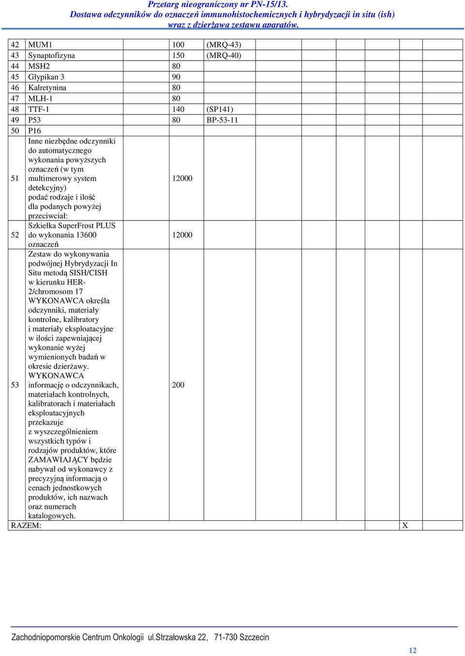 oznaczeń 53 Zestaw do wykonywania podwójnej Hybrydyzacji In Situ metodą SISH/CISH w kierunku HER- 2/chromosom 17 WYKONAWCA określa odczynniki, materiały kontrolne, kalibratory i materiały