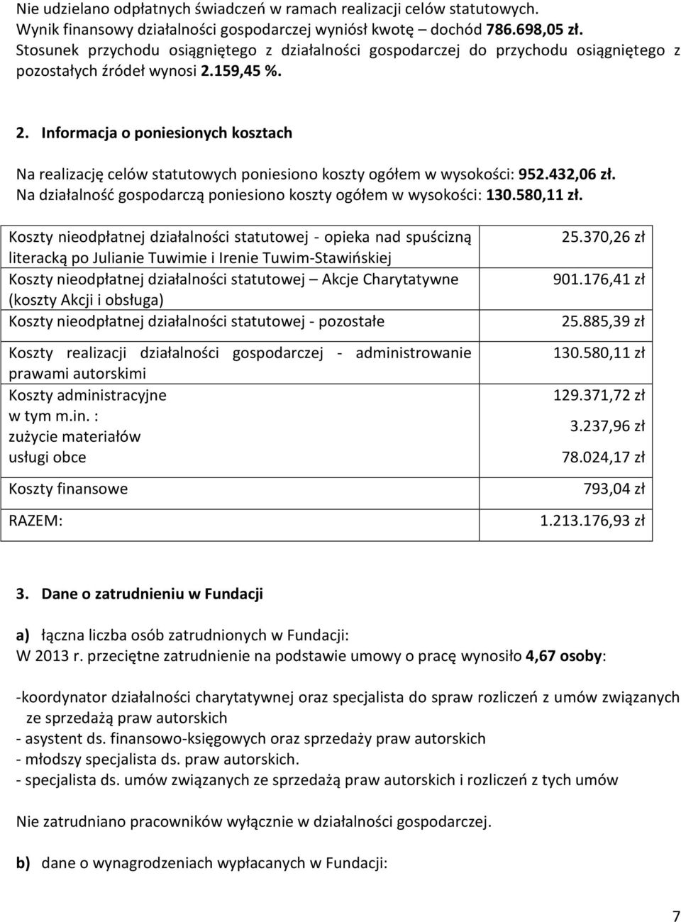 159,45 %. 2. Informacja o poniesionych kosztach Na realizację celów statutowych poniesiono koszty ogółem w wysokości: 952.432,06 zł.