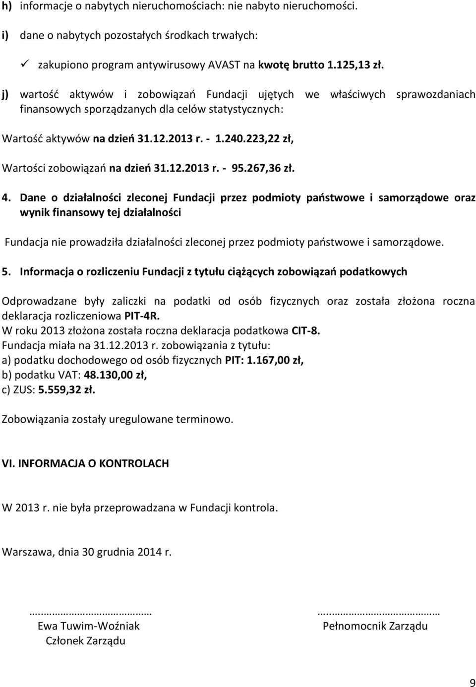 223,22 zł, Wartości zobowiązań na dzień 31.12.2013 r. - 95.267,36 zł. 4.