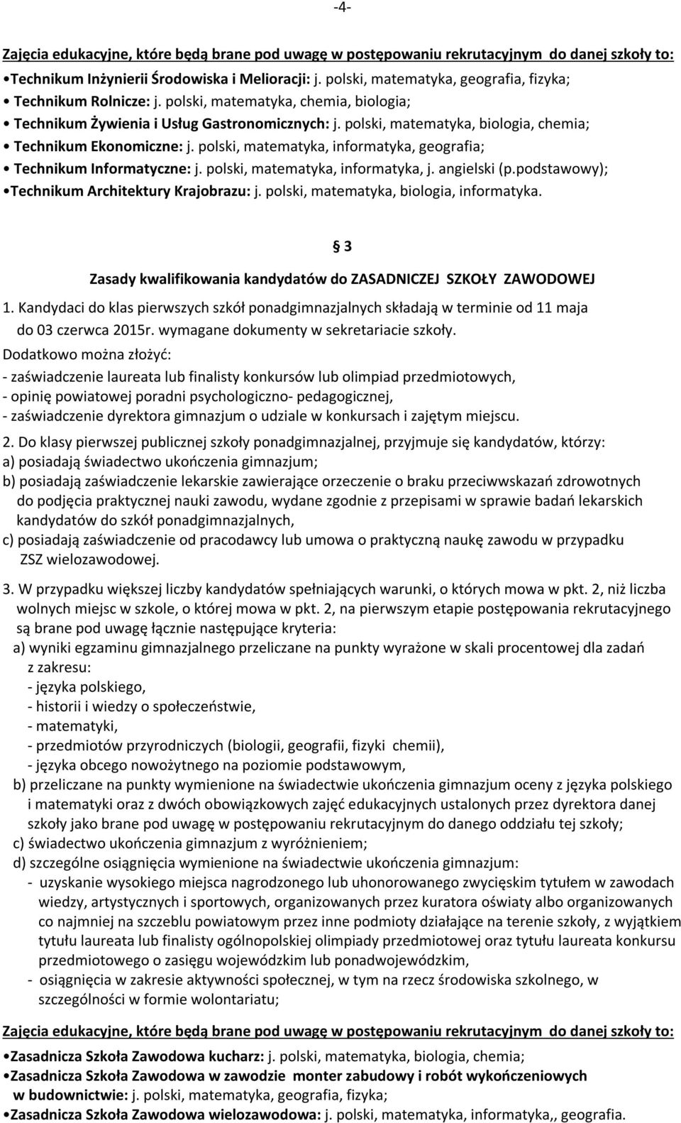 polski, matematyka, biologia, chemia; Technikum Ekonomiczne: j. polski, matematyka, informatyka, geografia; Technikum Informatyczne: j. polski, matematyka, informatyka, j. angielski (p.