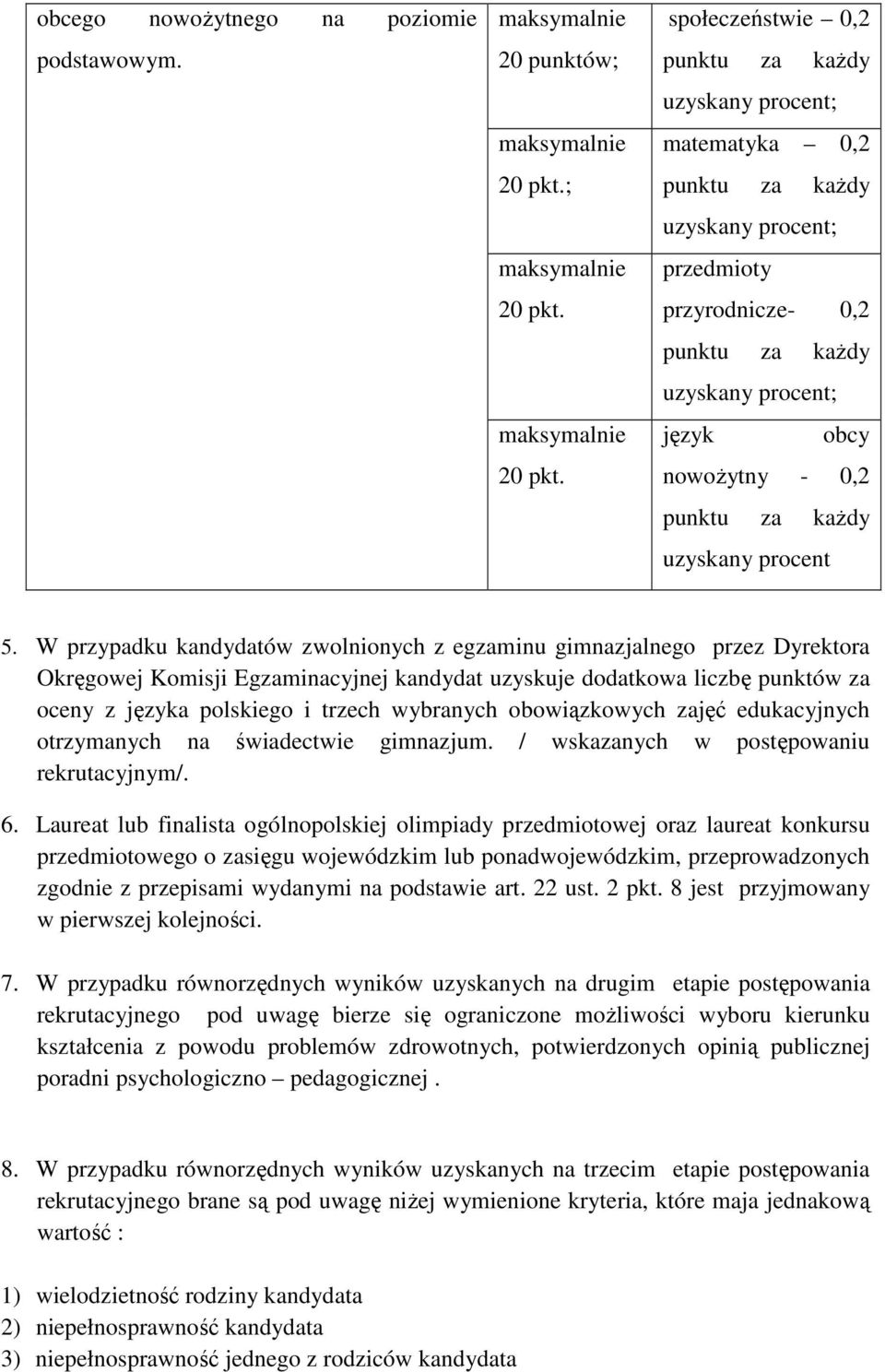 obowiązkowych zajęć edukacyjnych otrzymanych na świadectwie gimnazjum. / wskazanych w postępowaniu rekrutacyjnym/. 6.