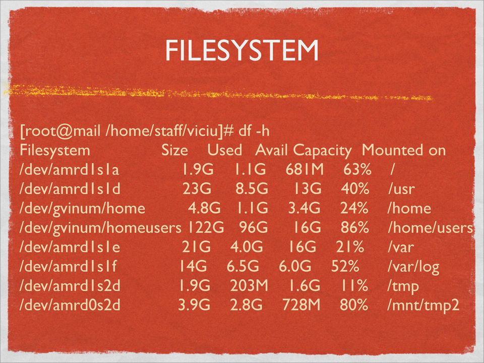 4G 24% /home /dev/gvinum/homeusers 122G 96G 16G 86% /home/users /dev/amrd1s1e 21G 4.