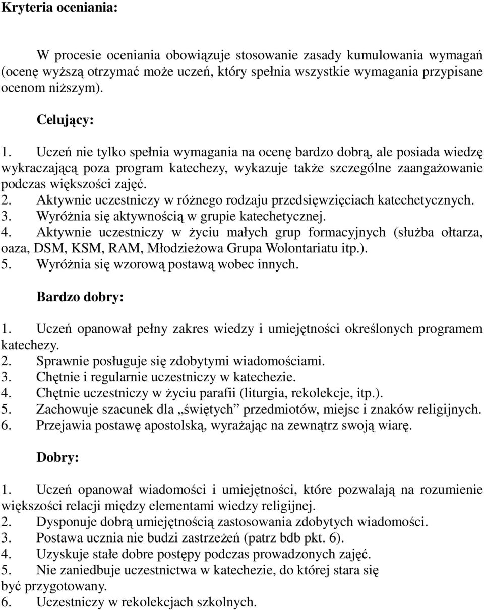 Aktywnie uczestniczy w różnego rodzaju przedsięwzięciach katechetycznych. 3. Wyróżnia się aktywnością w grupie katechetycznej. 4.