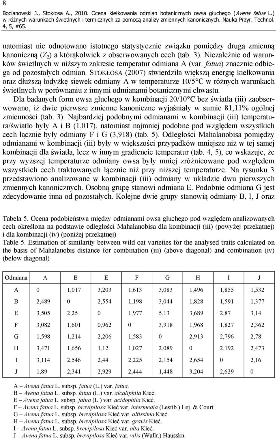 Niezależnie od warunków świetlnych w niższym zakresie temperatur odmiana A (var. fatua) znacznie odbiega od pozostałych odmian.