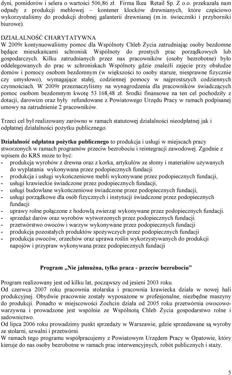 DZIAŁALNOŚĆ CHARYTATYWNA W 2009r kontynuowaliśmy pomoc dla Wspólnoty Chleb Życia zatrudniając osoby bezdomne będące mieszkańcami schronisk Wspólnoty do prostych prac porządkowych lub gospodarczych.