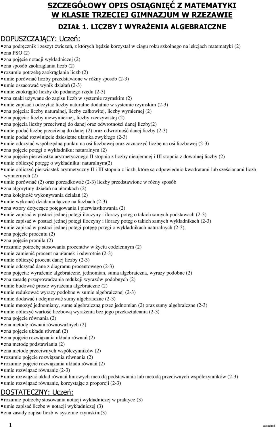 wykładniczej (2) zna sposób zaokrąglania liczb (2) rozumie potrzebę zaokrąglania liczb (2) umie porównać liczby przedstawione w różny sposób (2-3) umie oszacować wynik działań (2-3) umie zaokrąglić