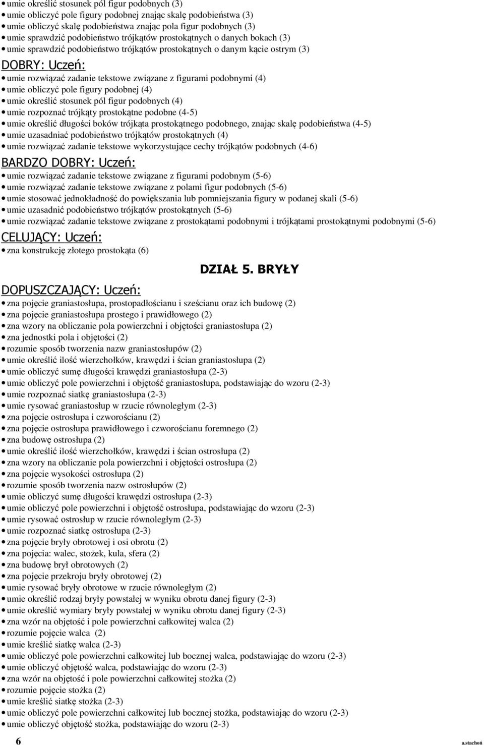 figurami podobnymi (4) umie obliczyć pole figury podobnej (4) umie określić stosunek pól figur podobnych (4) umie rozpoznać trójkąty prostokątne podobne (4-5) umie określić długości boków trójkąta