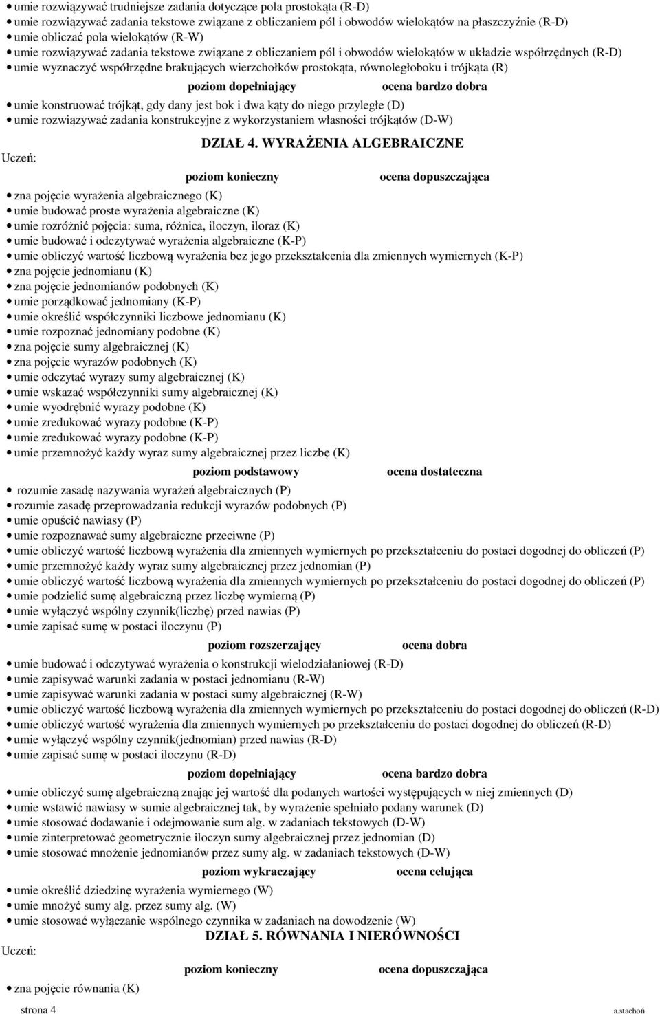 równoległoboku i trójkąta (R) poziom dopełniający ocena bardzo dobra umie konstruować trójkąt, gdy dany jest bok i dwa kąty do niego przyległe (D) umie rozwiązywać zadania konstrukcyjne z