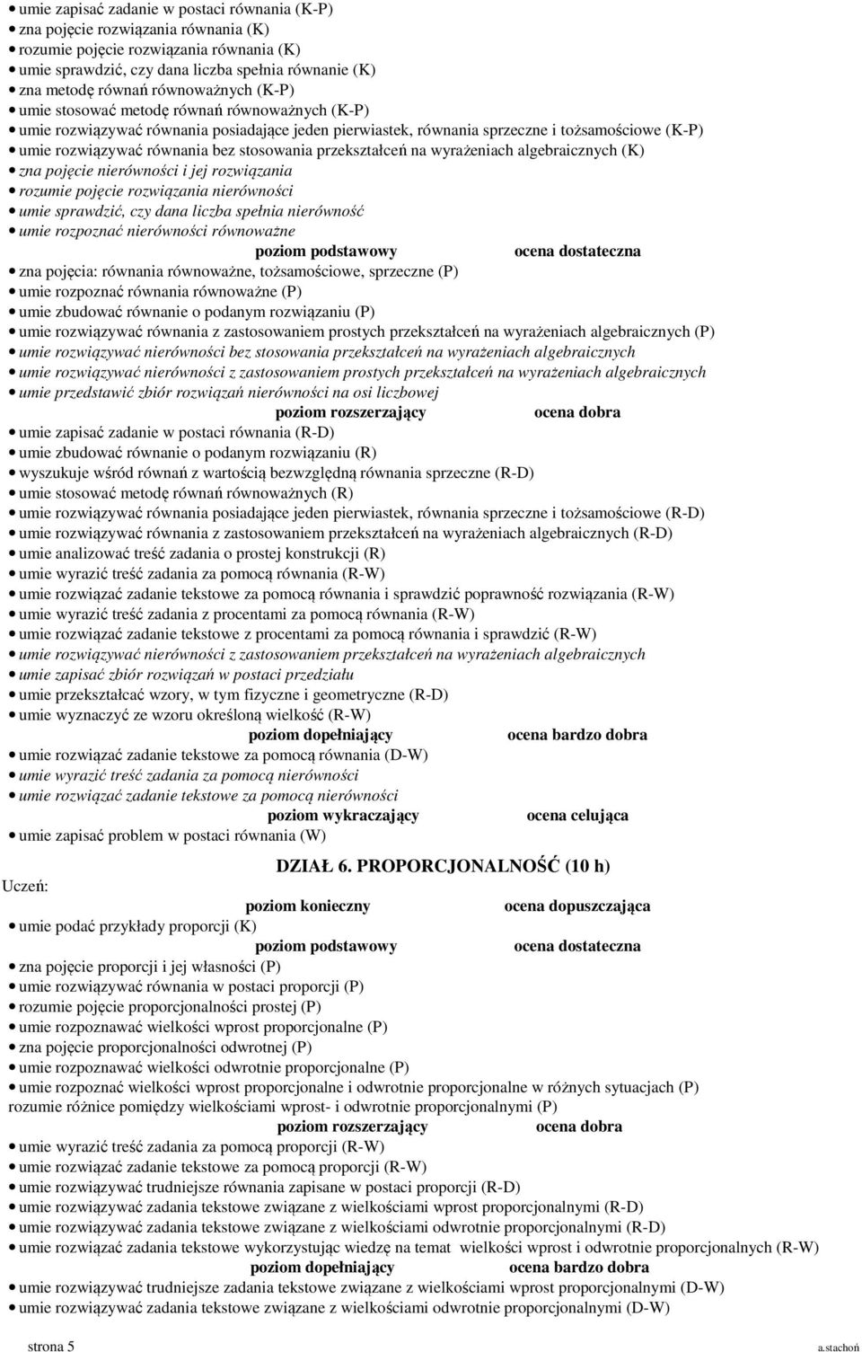 stosowania przekształceń na wyrażeniach algebraicznych (K) zna pojęcie nierówności i jej rozwiązania rozumie pojęcie rozwiązania nierówności umie sprawdzić, czy dana liczba spełnia nierówność umie