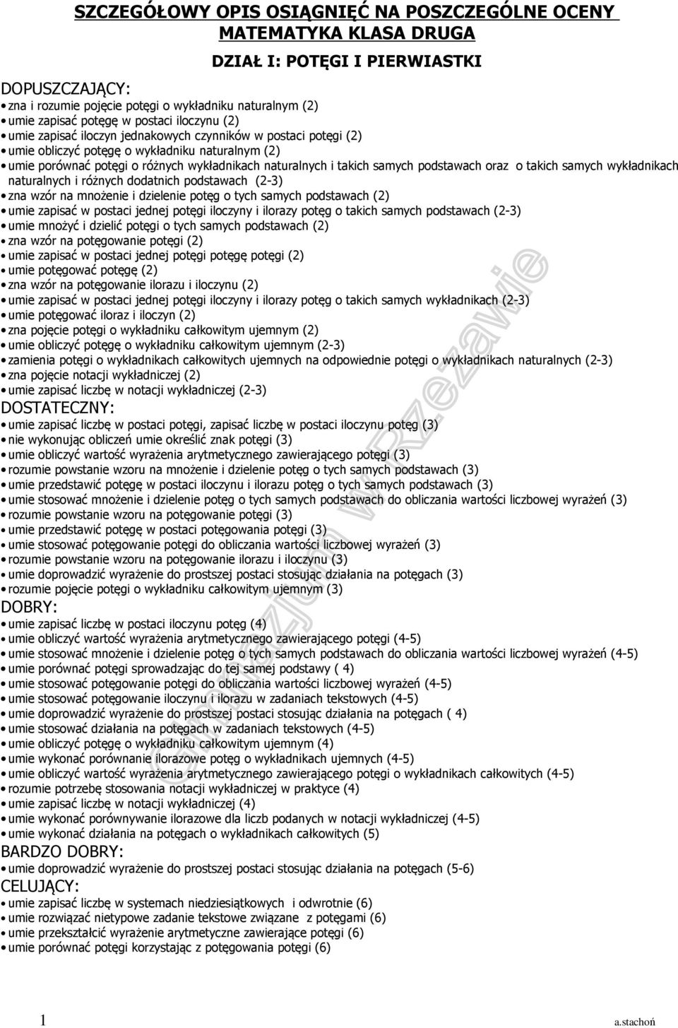 samych podstawach oraz o takich samych wykładnikach naturalnych i różnych dodatnich podstawach (2-3) zna wzór na mnożenie i dzielenie potęg o tych samych podstawach (2) umie zapisać w postaci jednej