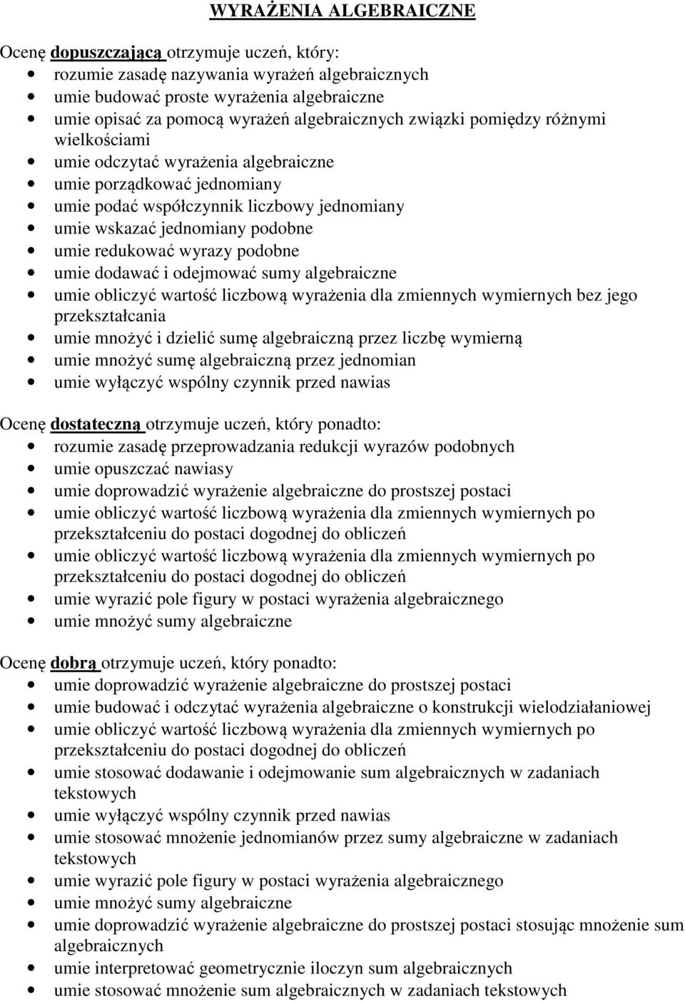 sumy algebraiczne umie obliczyć wartość liczbową wyrażenia dla zmiennych wymiernych bez jego przekształcania umie mnożyć i dzielić sumę algebraiczną przez liczbę wymierną umie mnożyć sumę