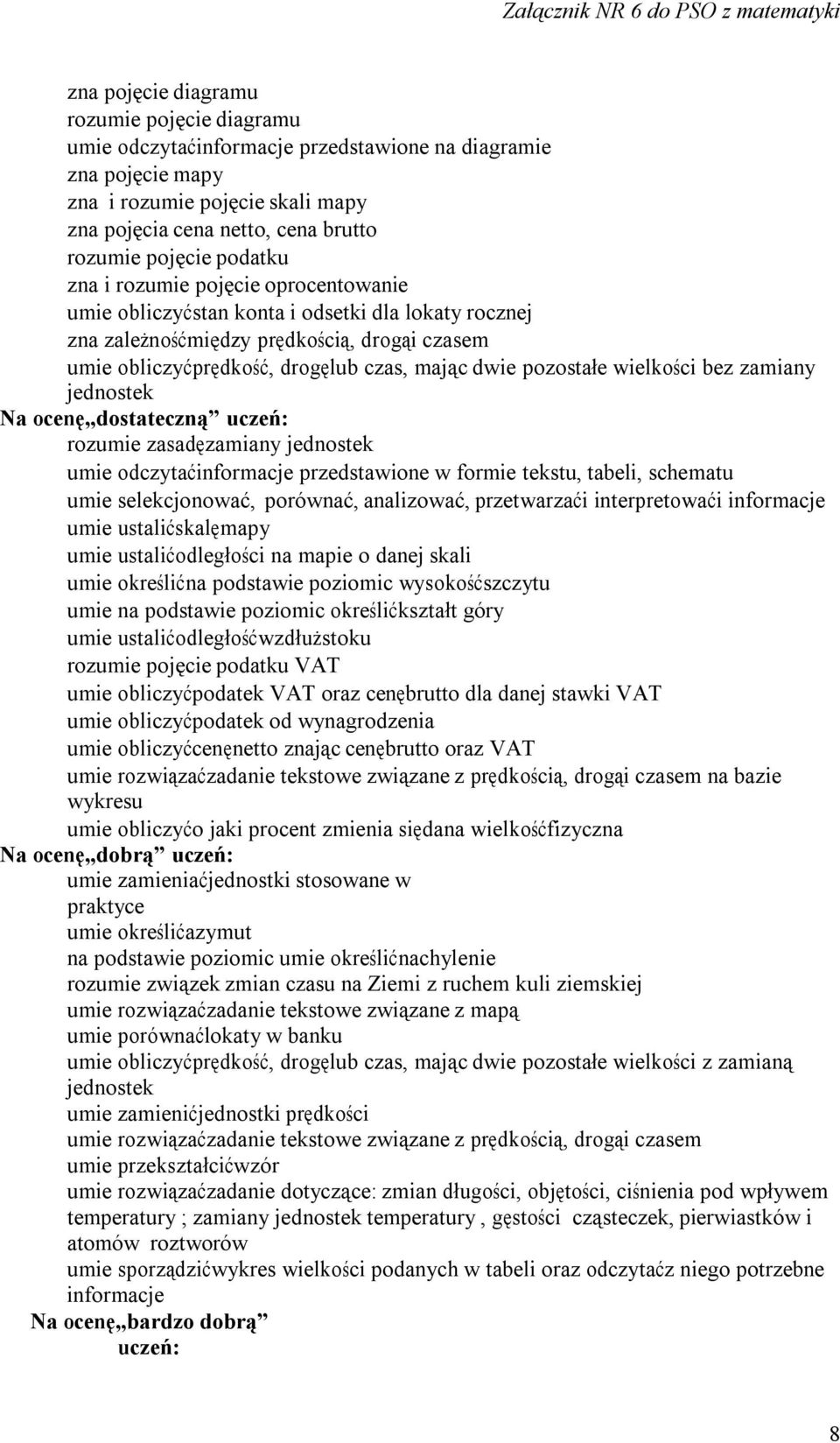 pozostałe wielkości bez zamiany jednostek rozumie zasadę zamiany jednostek umie odczytać informacje przedstawione w formie tekstu, tabeli, schematu umie selekcjonować, porównać, analizować,