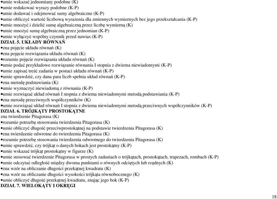 UKŁADY RÓWNAŃ zna pojęcie układu równań (K) zna pojęcie rozwiązania układu równań (K) rozumie pojęcie rozwiązania układu równań (K) umie podać przykładowe rozwiązanie równania I stopnia z dwiema