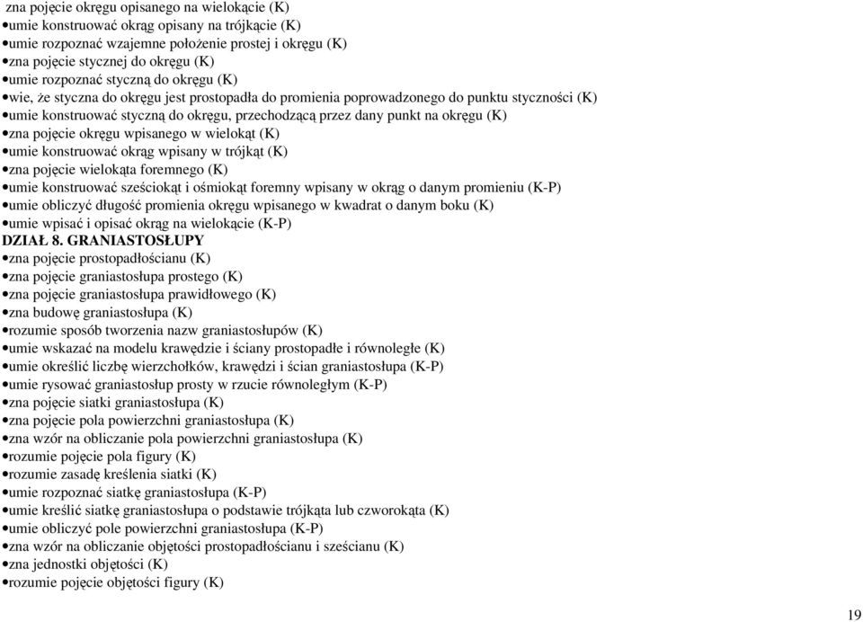 zna pojęcie okręgu wpisanego w wielokąt (K) umie konstruować okrąg wpisany w trójkąt (K) zna pojęcie wielokąta foremnego (K) umie konstruować sześciokąt i ośmiokąt foremny wpisany w okrąg o danym