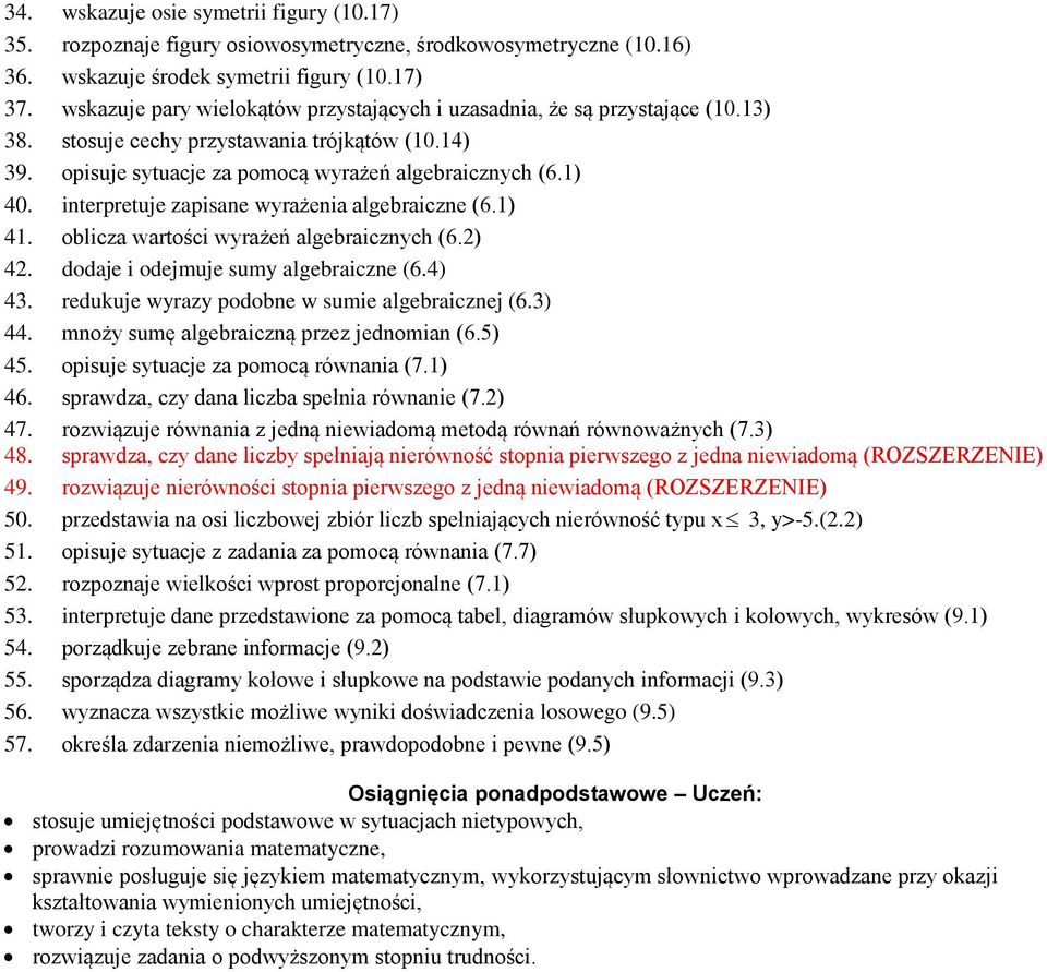 interpretuje zapisane wyrażenia algebraiczne (6.1) 41. oblicza wartości wyrażeń algebraicznych (6.2) 42. dodaje i odejmuje sumy algebraiczne (6.4) 43. redukuje wyrazy podobne w sumie algebraicznej (6.