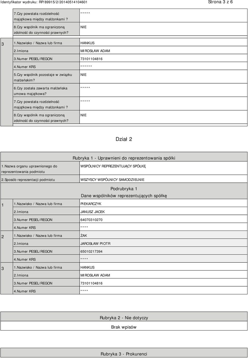 Czy wspólnik ma ograniczoną zdolność do czynności prawnych? Dział 2 Rubryka 1 - Uprawnieni do reprezentowania spółki 1.Nazwa organu uprawnionego do reprezentowania podmiotu 2.