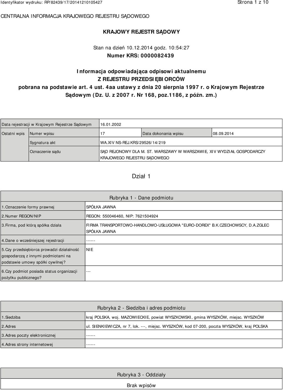 o Krajowym Rejestrze Sądowym (Dz. U. z 2007 r. Nr 168, poz.1186, z późn. zm.) Data rejestracji w Krajowym Rejestrze Sądowym 16.01.2002 Ostatni wpis Numer wpisu 17 Data dokonania wpisu 08.09.