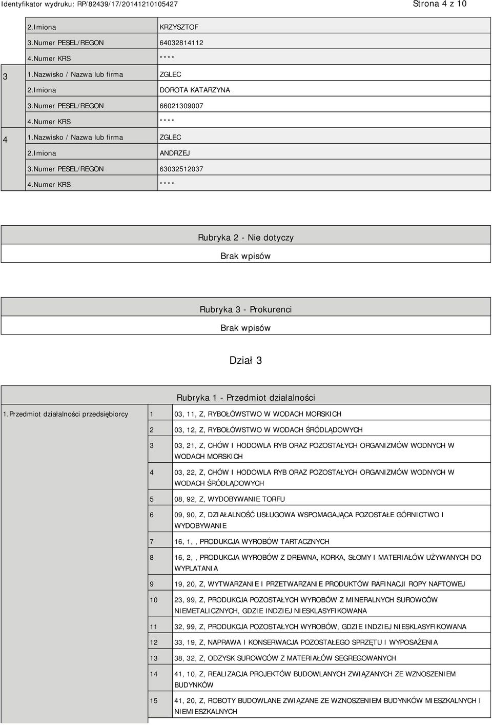 Przedmiot działalności przedsiębiorcy 1 03, 11, Z, RYBOŁÓWSTWO W WODACH MORSKICH 2 03, 12, Z, RYBOŁÓWSTWO W WODACH ŚRÓDLĄDOWYCH 3 03, 21, Z, CHÓW I HODOWLA RYB ORAZ POZOSTAŁYCH ORGANIZMÓW WODNYCH W