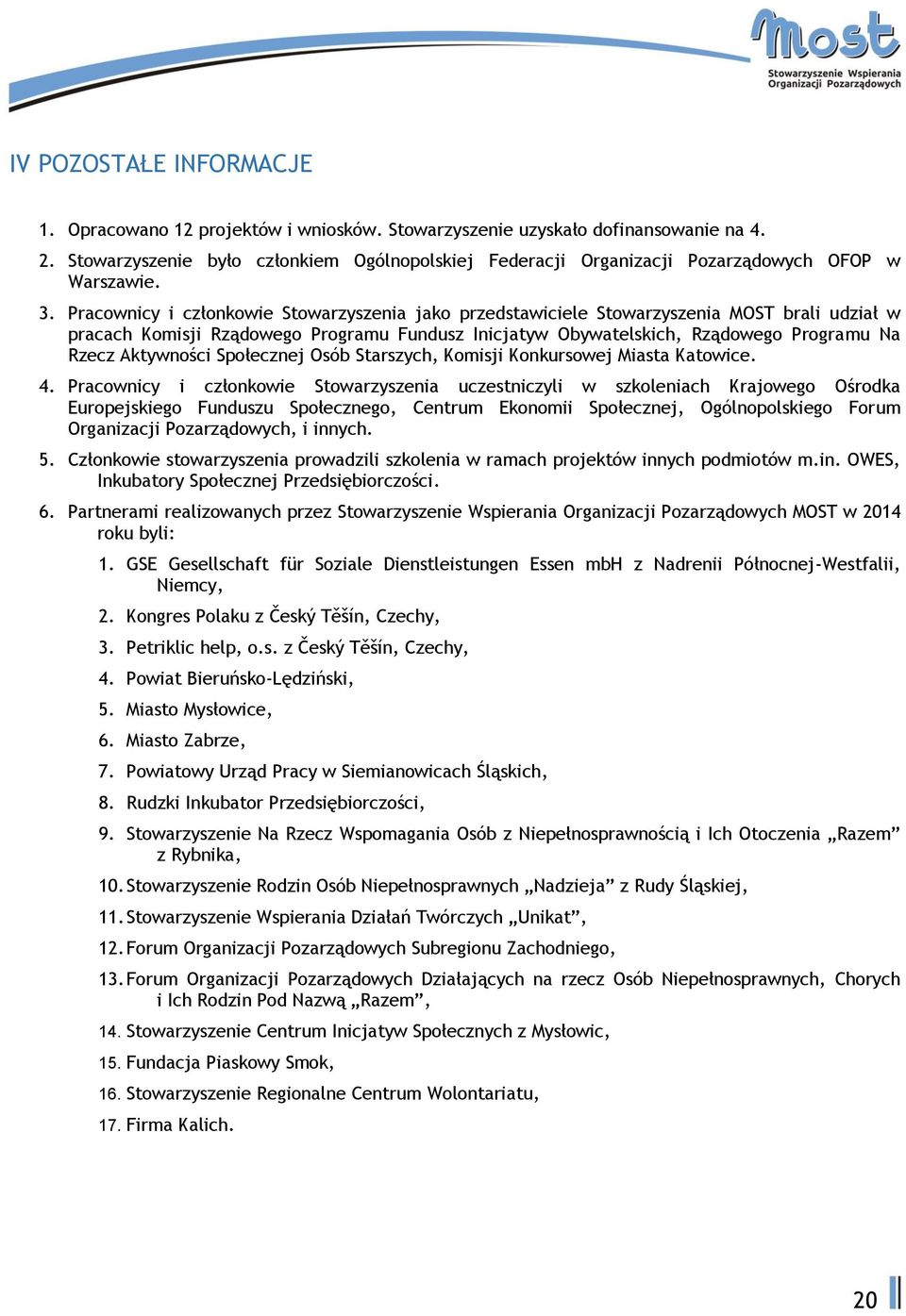 Pracownicy i członkowie Stowarzyszenia jako przedstawiciele Stowarzyszenia MOST brali udział w pracach Komisji Rządowego Programu Fundusz Inicjatyw Obywatelskich, Rządowego Programu Na Rzecz