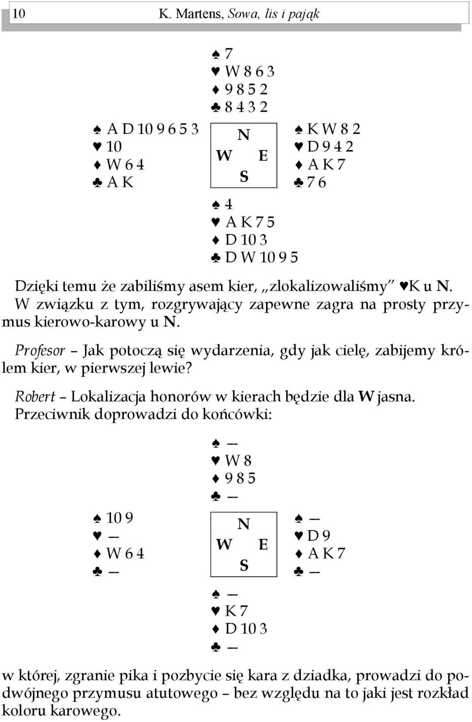 Profesor Jak potoczą się wydarzenia, gdy jak cielę, zabijemy królem kier, w pierwszej lewie? Robert Lokalizacja honorów w kierach będzie dla W jasna.