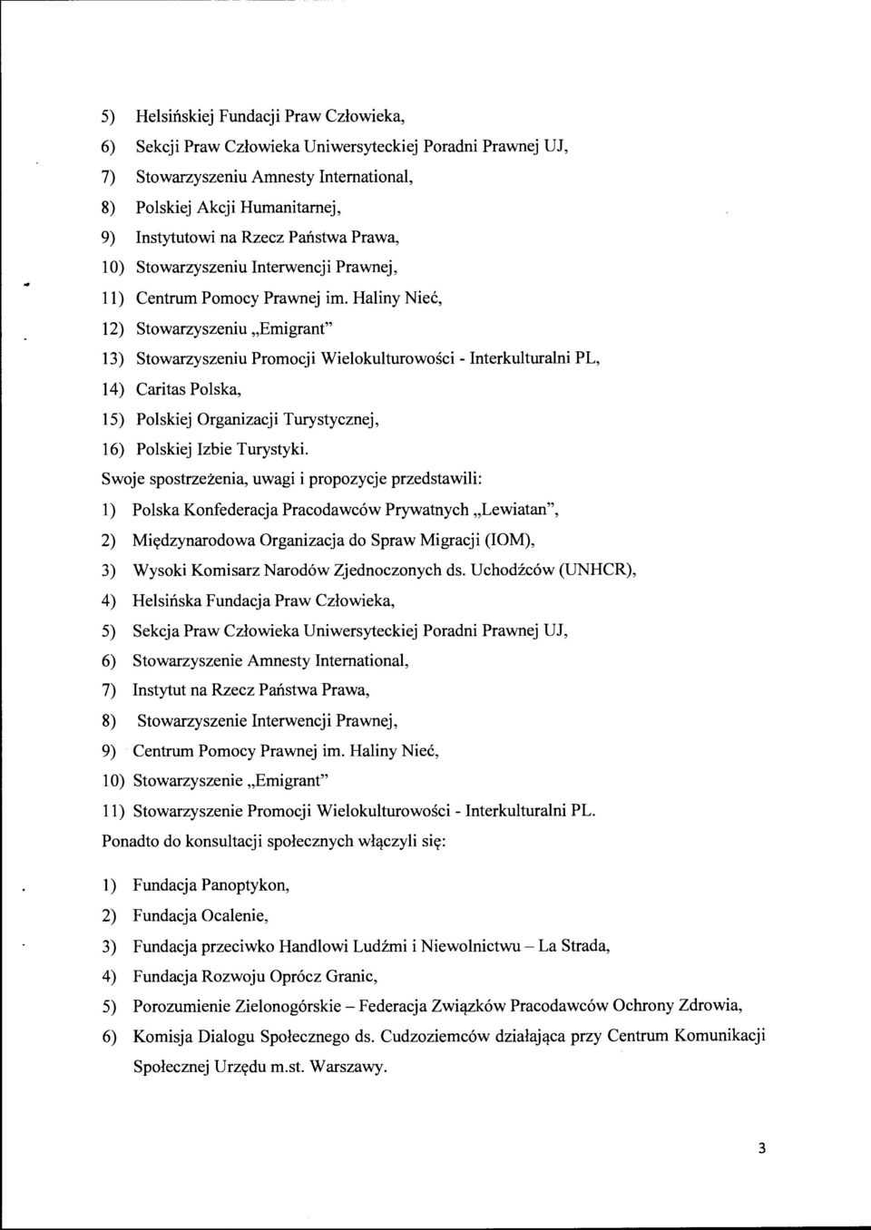 Haliny Nieć, 12) Stowarzyszeniu "Emigrant" 13) Stowarzyszeniu Promocji Wielokulturowości - Interkulturalni PL, 14) Caritas Polska, 15) Polskiej Organizacji Turystycznej, 16) Polskiej Izbie Turystyki.